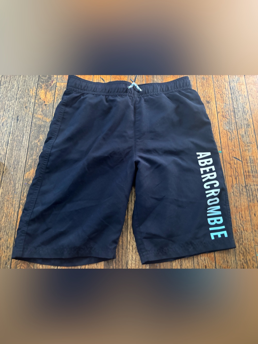 Abercrombie & Fitch Men's Dark Navy Swim Shorts with Teal Logo